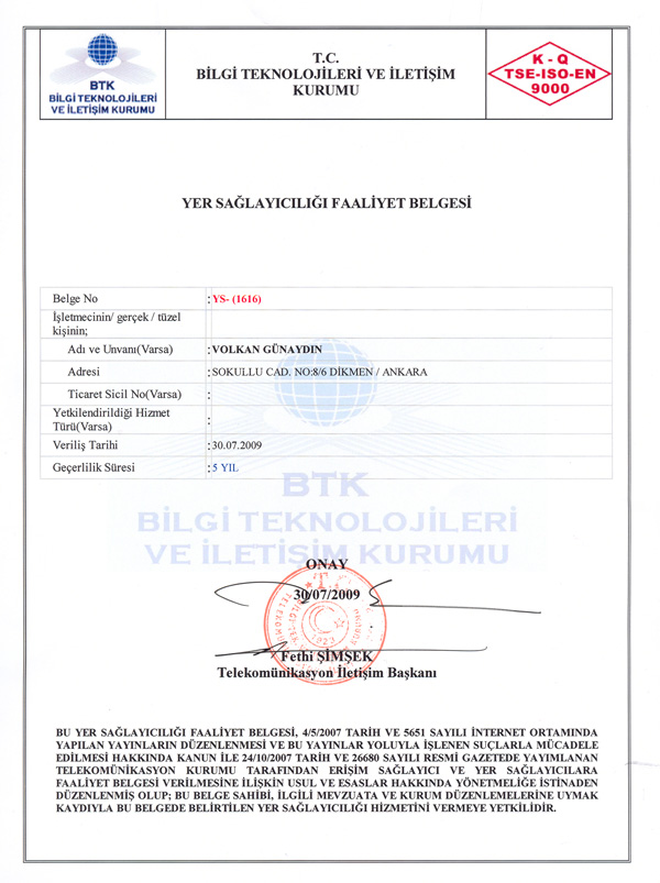 Bilgi Teknolojileri Ve �leti�im Kurumu Yer Sa�lay�c�l��� Faaliyet Belgesi
